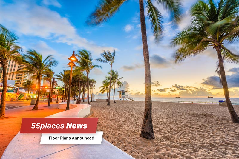 "55places News: Floor Plans Announced" banner over a beach at sunset in Palm Beach County