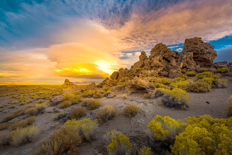 View of a sunset behind rock formations at Pyramid Lake near Reno, Nevada