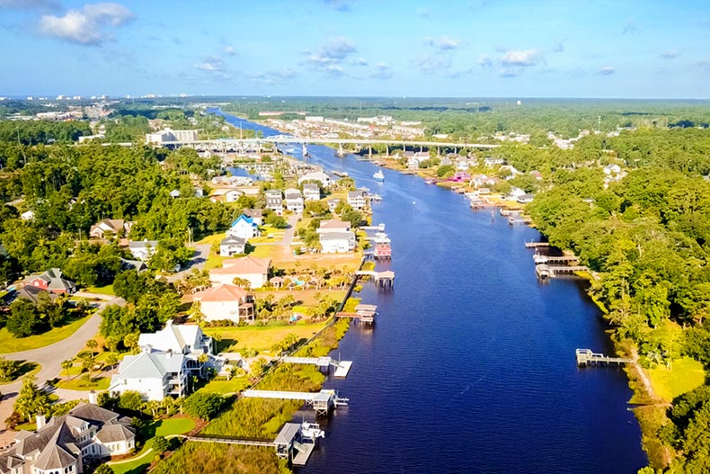 Aerial view of the Intracoastal Waterway in Little River, South Carolina