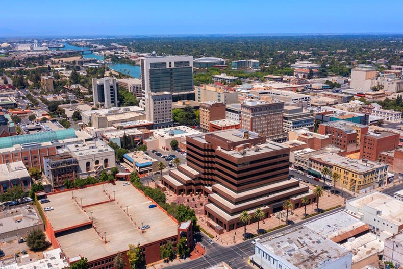 Aerial view of the downtown city center of Stockton, California