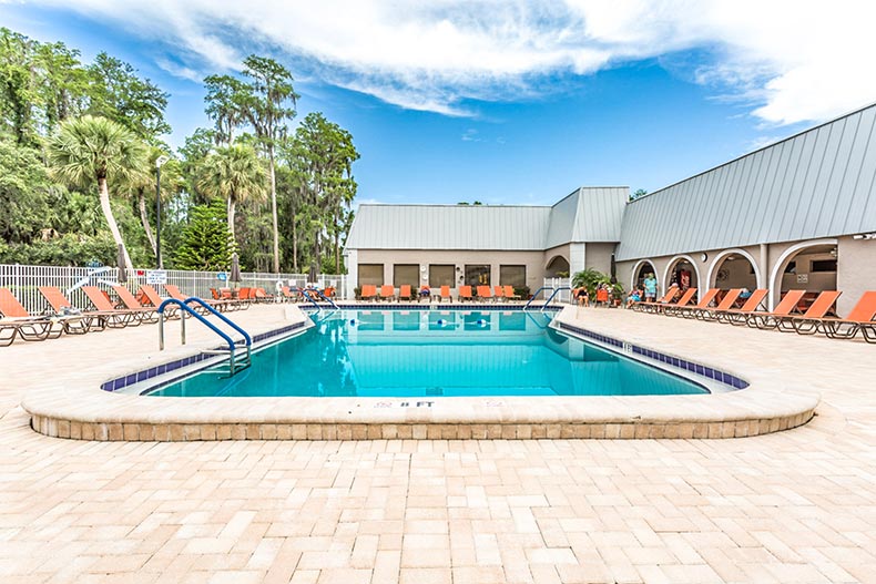 Lounge chairs surrounding the outdoor pool at Summertree in New Port Richey, Florida