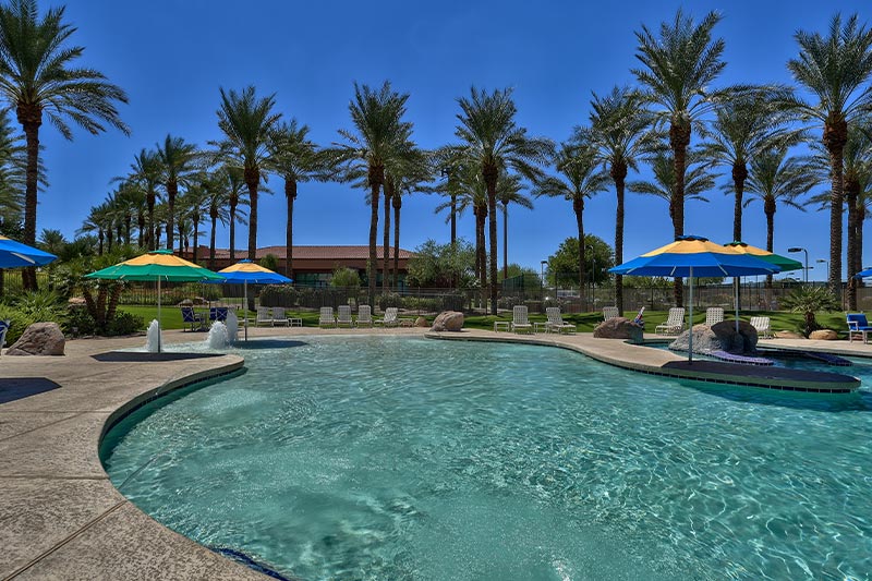 View of the outdoor pool and patio with palm trees and a blue sky in the background.