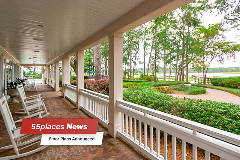 "Floor Plans Announced" banner over rocking chairs sitting on a porch at Sun City Hilton Head in Bluffton, South Carolina