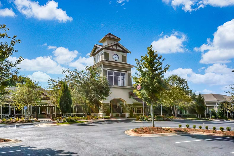 The clock tower at the center of the sprawling amenity complex at Sun City Peachtree in Griffin, Georgia
