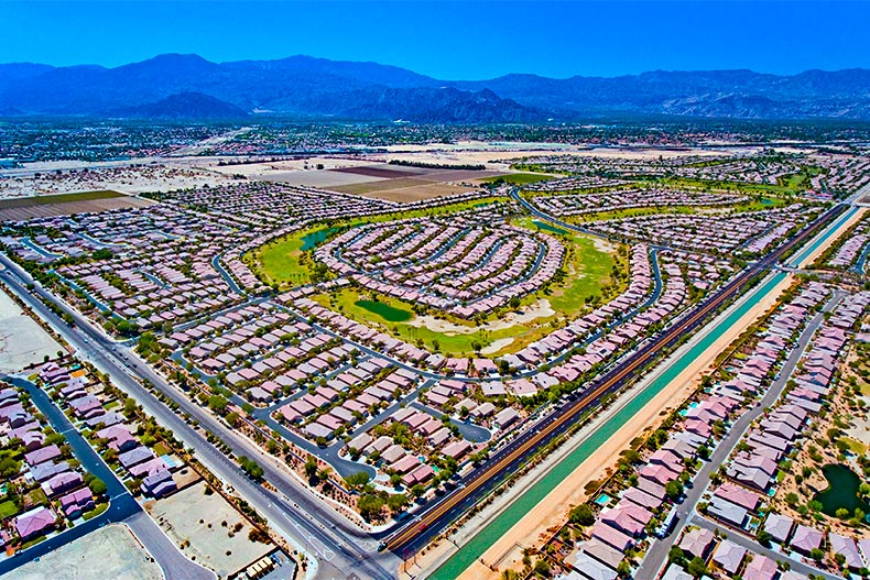 Aerial view of Sun City Shadow Hills, a 55+ community in Indio, California