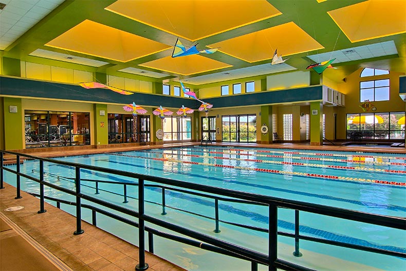 View of the indoor lap pool and fitness center at Sun City Texas in Georgetown, Texas