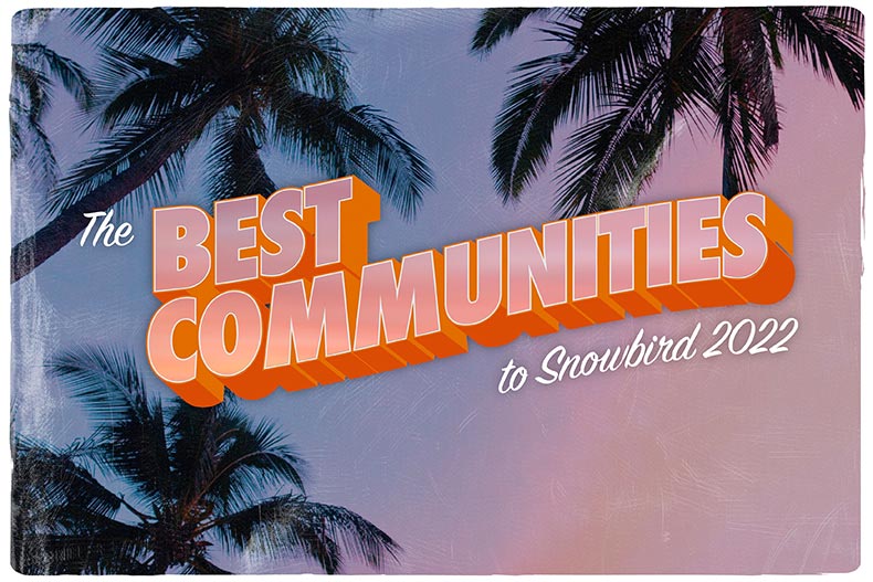 "The Best Communities to Snowbird 2022" over twilight palm trees stylized like a postcard