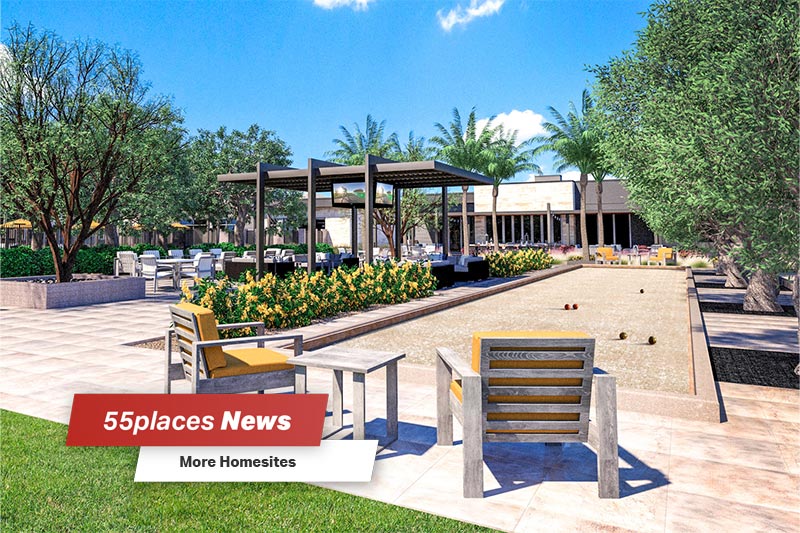 "55places News: More Homesites" banner over a rendering of the bocce ball courts at Trilogy Sunstone in Las Vegas, Nevada