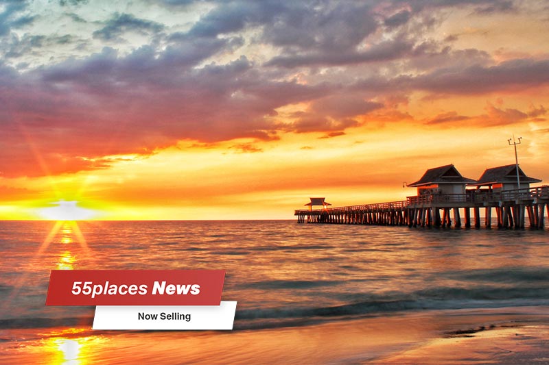 "Now Selling" banner over a sunset view of the Naples Pier in Naples, Florida