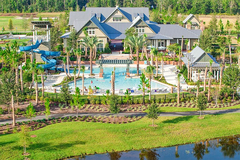 Aerial view of the clubhouse and resort-style pool at WaterSong at Rivertown in St. Johns, Florida
