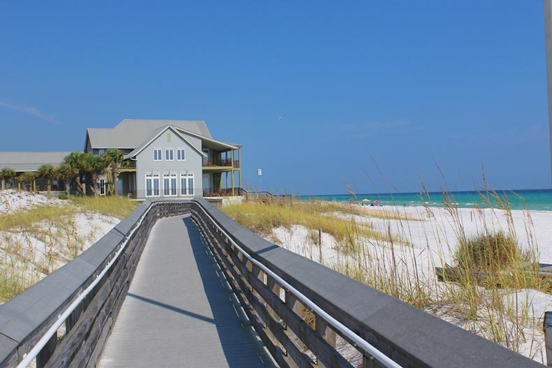 View down a boardwalk along the beach in Watersound, Florida