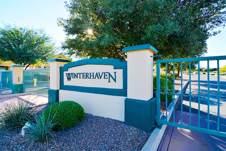 The community sign beside the gated entrance to Winterhaven in Sierra Vista, Arizona