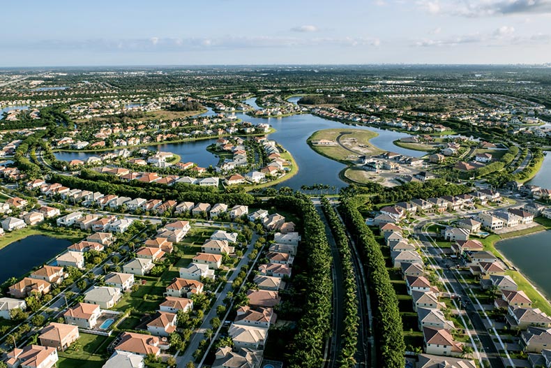 Aerial view of a luxury suburban home community in South Florida
