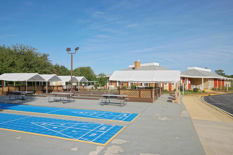 The shuffleboard and bocce ball courts at Holiday City at Berkeley in Toms River, New Jersey