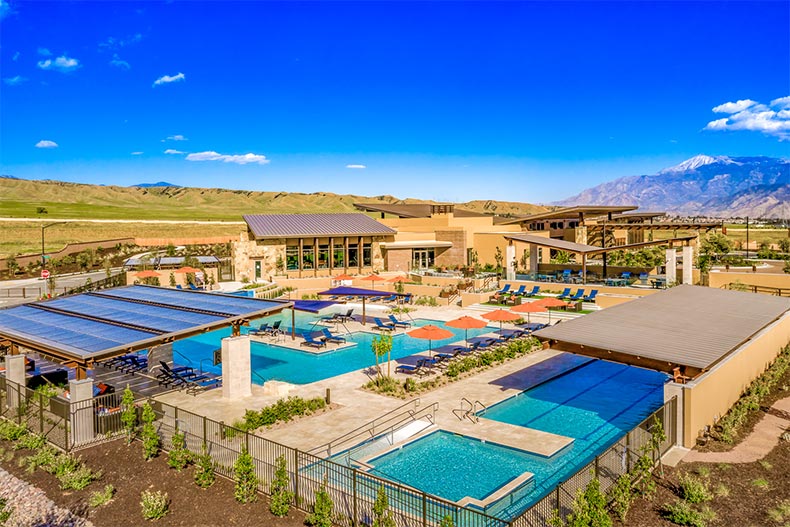 Aerial view of the outdoor amenities at Altis in Beaumont, California