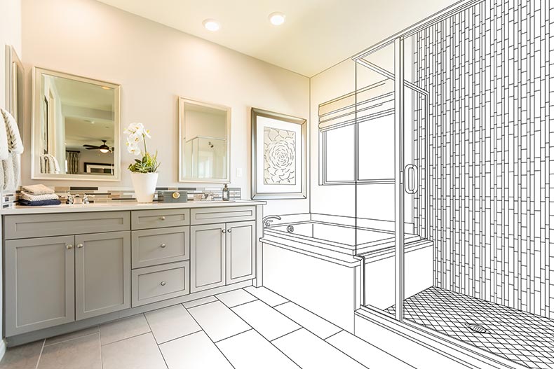 A photo of an en suite bathroom with half the image as a renovation sketch