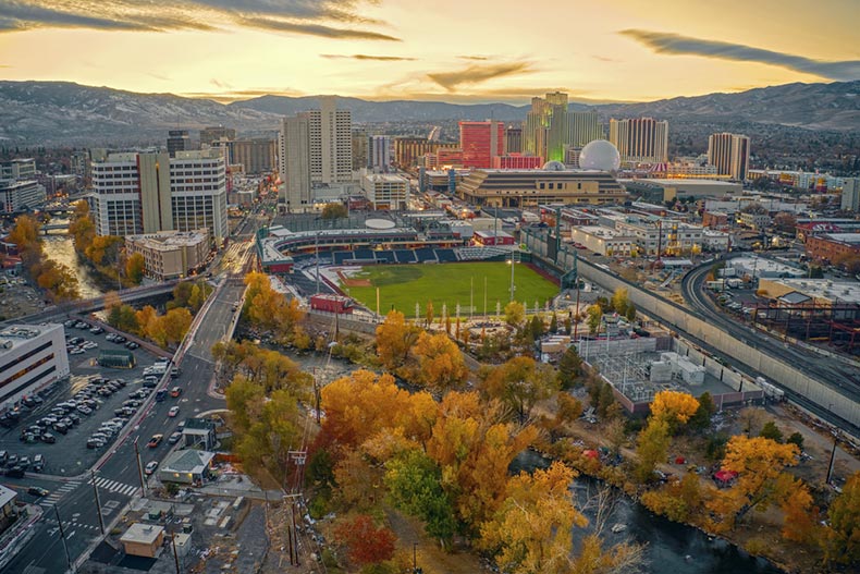 Aerial view of Reno, Nevada at sunset