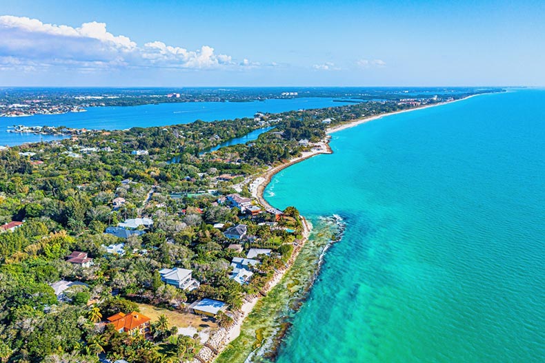 Aerial view of the bright blue water along the shores of Siesta Key Beach in Sarasota, Florida