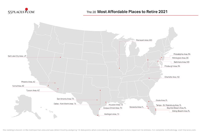 A stylized map of The 20 Most Affordable Places to Retire 2021