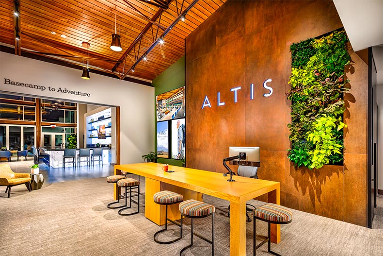 Interior view of the modern Welcome Center at Altis in Beaumont, California