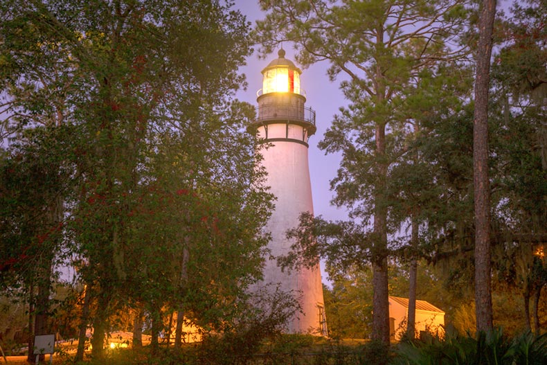 The Amelia Island Lighthouse at night in Fernandina Beach, Florida