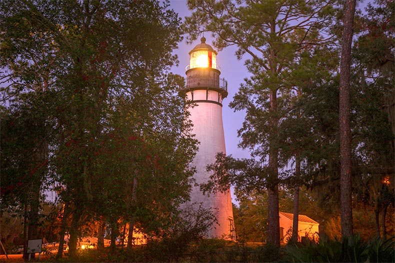 The Amelia Island Lighthouse in Fernandina Beach, Florida surrounding by trees