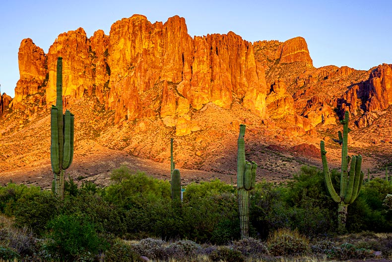 View of Superstition Mountain from Lost Dutchman State Park near Apache Junction, Arizona