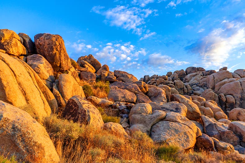 Boulders on a mountain in the sunlight, located in Apple Valley, California