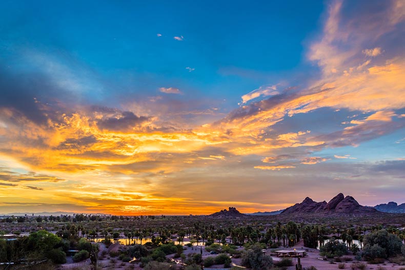 A sunset over Papago Park in Phoenix, Arizona
