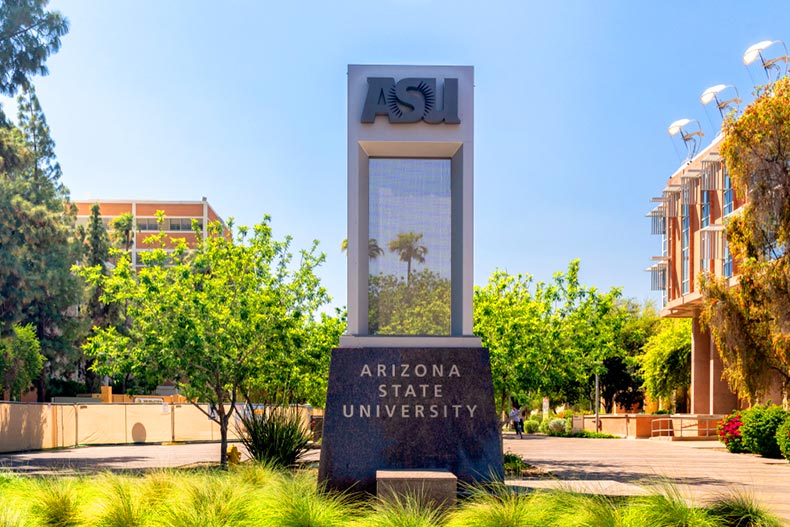 Entrance sign to the campus of Arizona State University in Tempe, Arizona