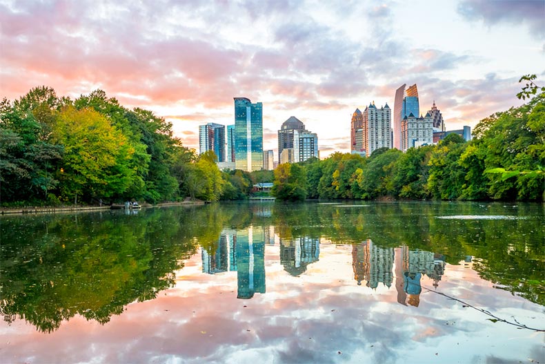 View of the midtown Atlanta skyline from Piedmont Park in the early evening