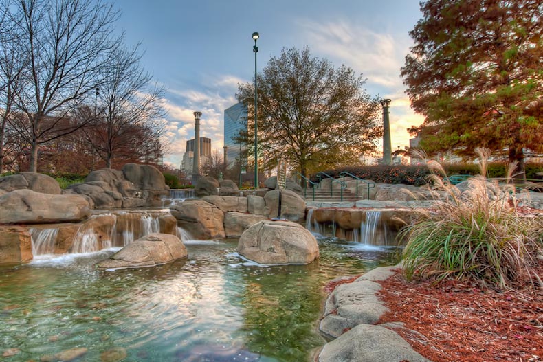 Rocks surrounding a water feature in Centennial Park in Atlanta, Georgia