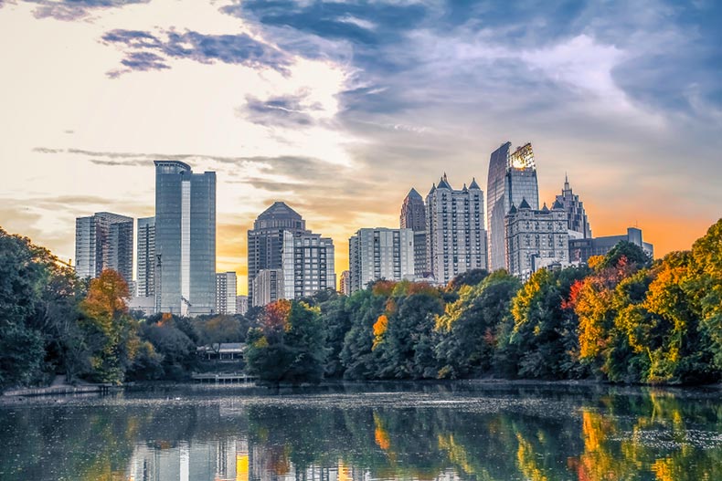 View of the midtown Atlanta skyline from across the pond in Piedmont Park