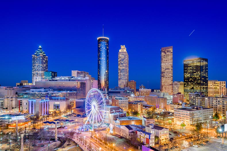 The downtown skyline at night in Atlanta, Georgia