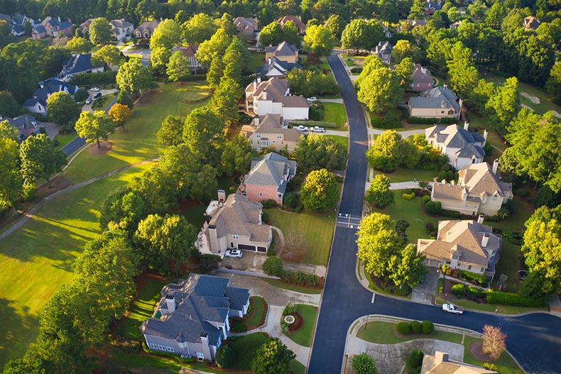Aerial view of houses in the suburbs of Atlanta, Georgia