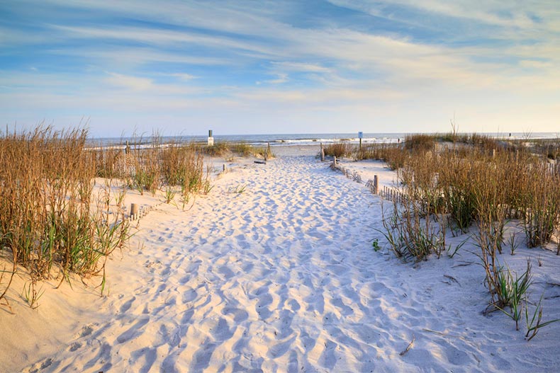 Sandy path with footprints leading to the Atlantic Ocean on Folly Beach near Charleston, South Carolina