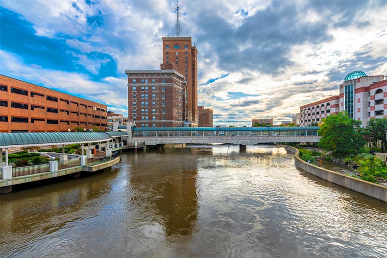 Riverside view of downtown Aurora in Illinois