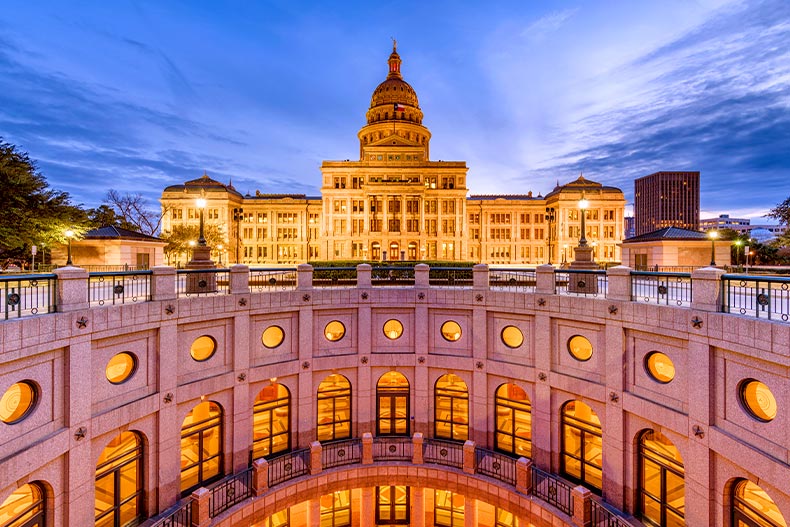 The Texas State Capital in Austin, Texas at sunset