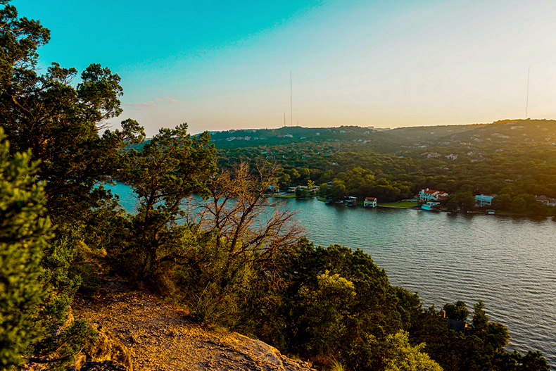 Hilltop view of a river in Austin, Texas