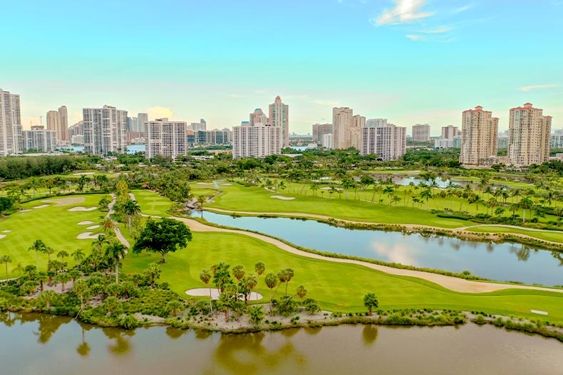 Aerial photo of a golf course in Aventura, Florida