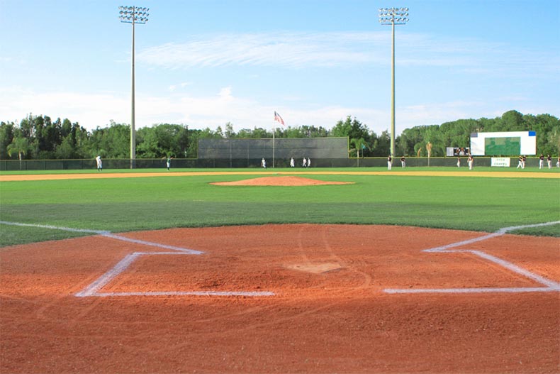 View of an outdoor baseball diamond from behind the home plate