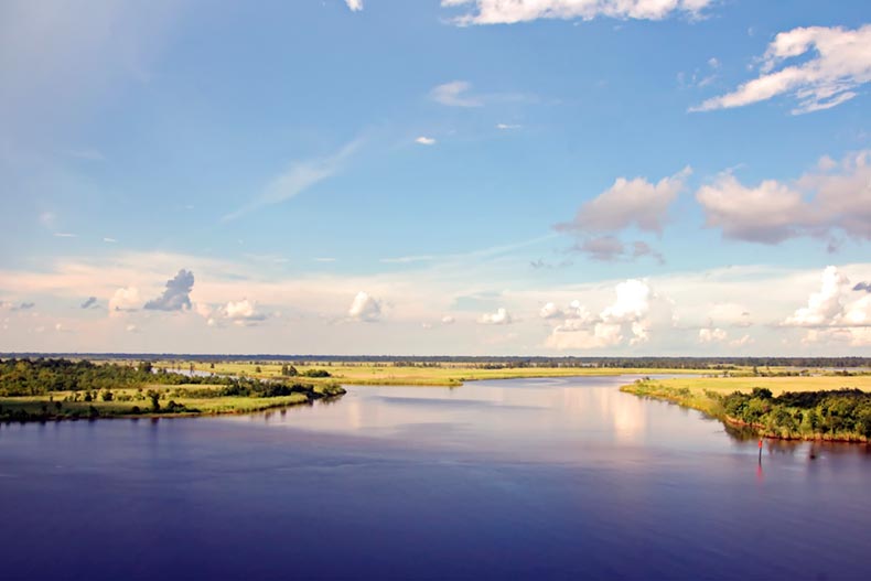 Panoramic views of the embankment of the River Neches near in Beaumont, Texas