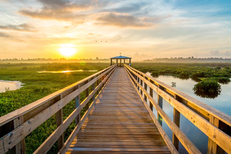 A sunrise over the wetlands along a boardwalk in the Cattail Marsh Scenic Wetlands in Beaumont, Texas