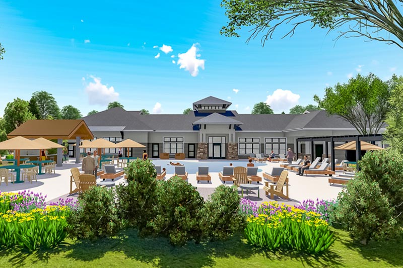 Digital rendering of the clubhouse at Bellwether by Del Webb focusing on the outdoor pool and patio.