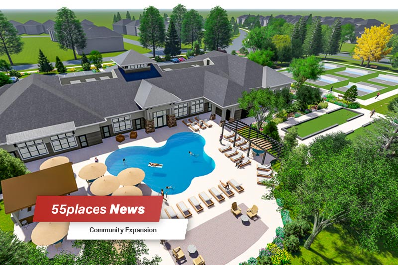 Digital rendering of the clubhouse at Bellwether by Del Webb with 55places News banner overlay and Community Expansion text beneath it.