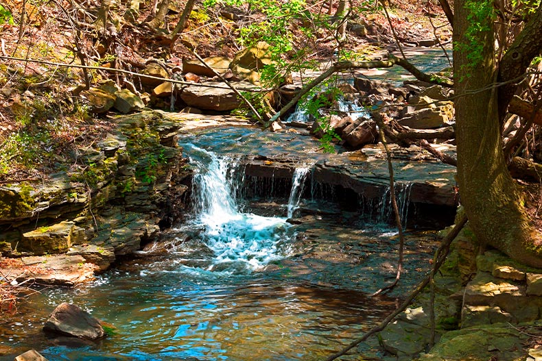 Wolf Creek stream flowing over rocks in Ridgefield, New Jersey