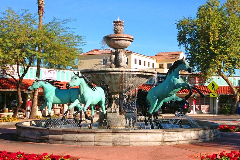 Blue horse sculptures a part of a fountain in Old Town Scottsdale, Arizona