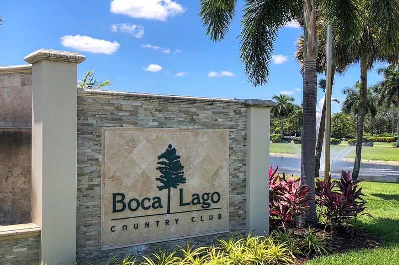 Entrance sign of Boca Lago Country Club in Boca Raton, FL.