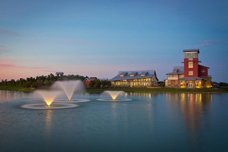 Fountains in the pond at Bonterra at Cross Creek Ranch in Fulshear, Texas