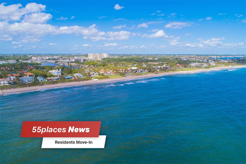 "55places News: Residents Move-In" banner over an aerial view of the city of Boynton Beach in Florida